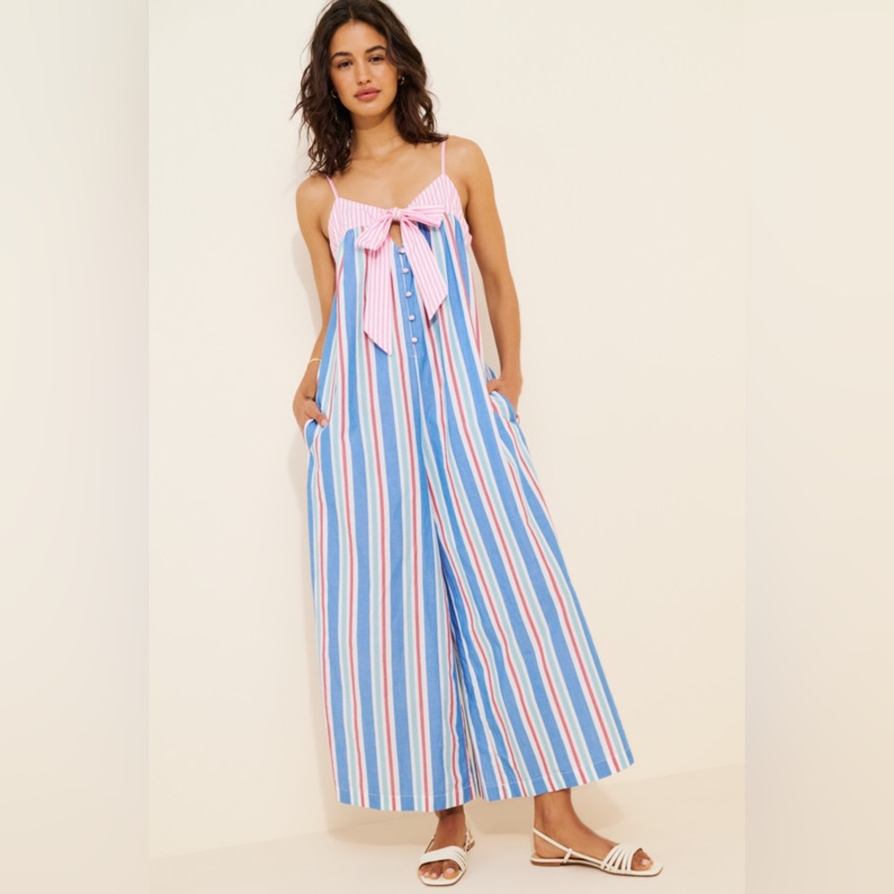 Celandine Anthropologie NWT Blue White Pink Pinstripe Bow Accent Jumpsuit - Picture 2 of 12